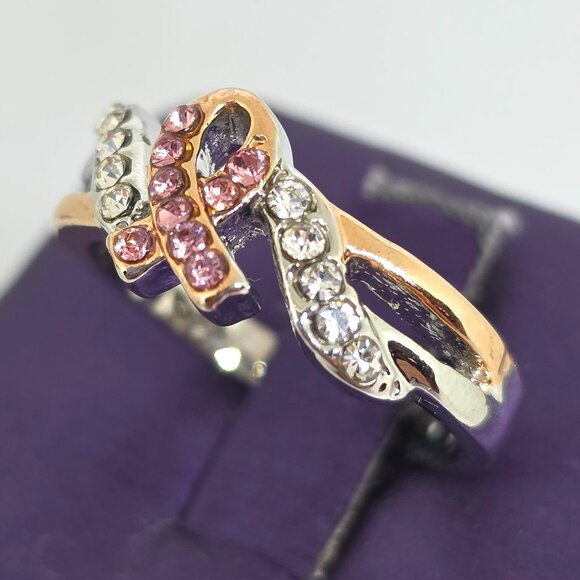 Pink Breast Cancer Awareness Ribbon Rose Gold Silver Rhodium Plated Ring SZ 7 - Picture 12 of 17